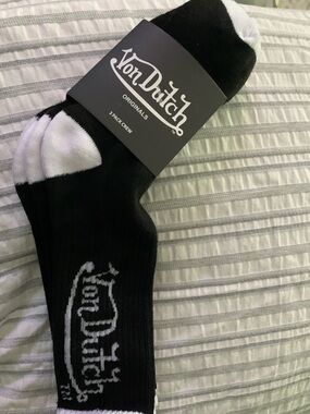 🆕- Von Dutch Black and White Crew Socks with Logo Script